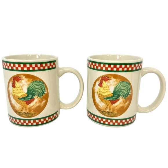 Cardinal Mug Rooster Red Checker Pattern Hand Painted Coffee Tea Cup Lot of Two - Picture 5 of 10